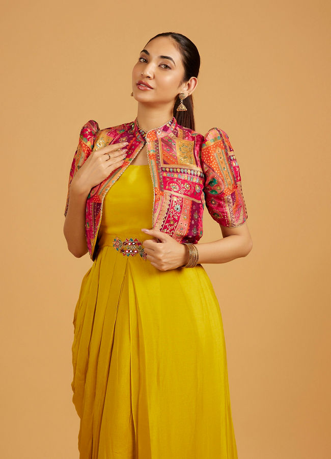 Mohey Women Mustard Yellow Indo Western with Aztec Printed Cape