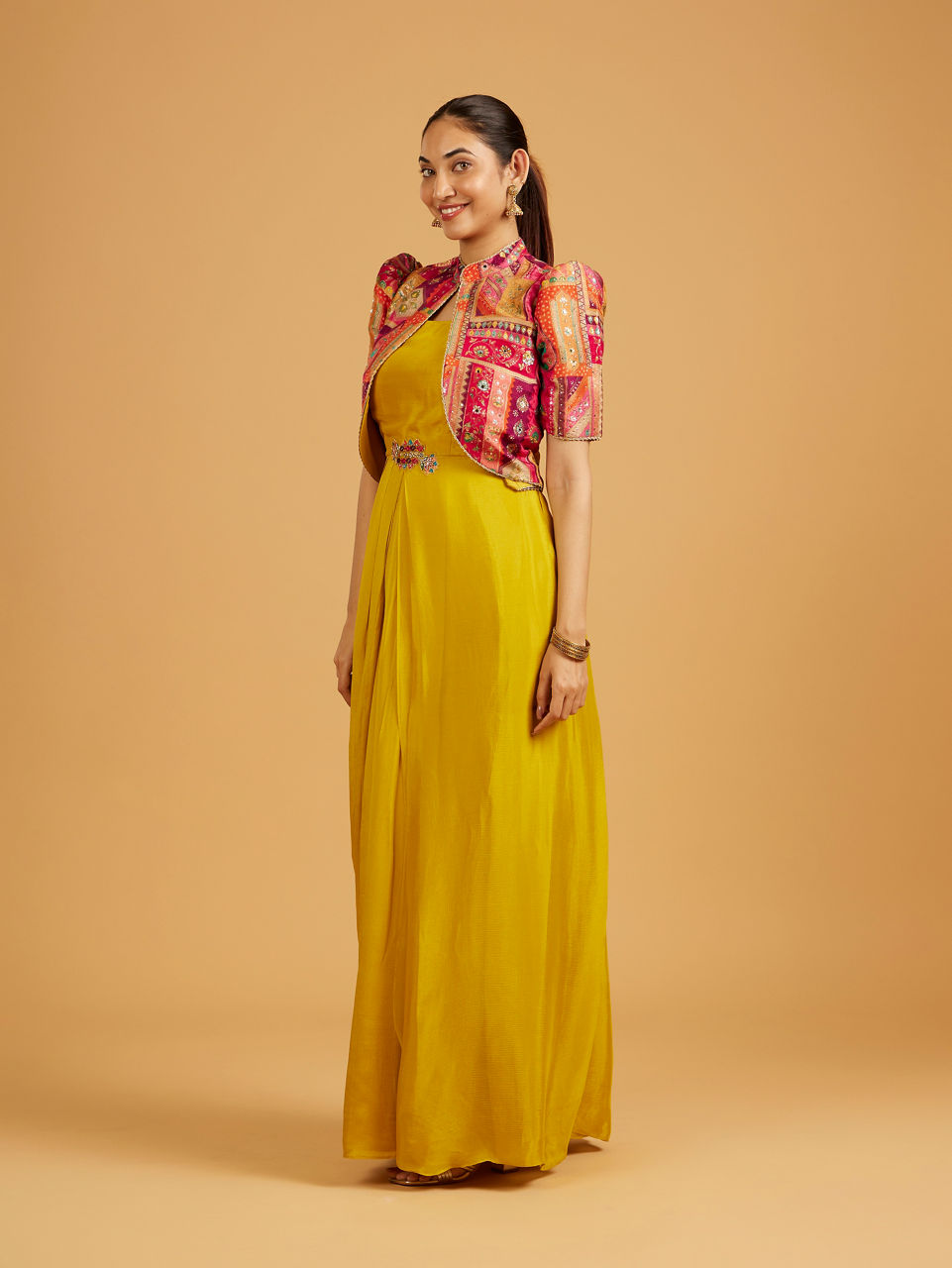 Mohey Women Mustard Yellow Indo Western with Aztec Printed Cape