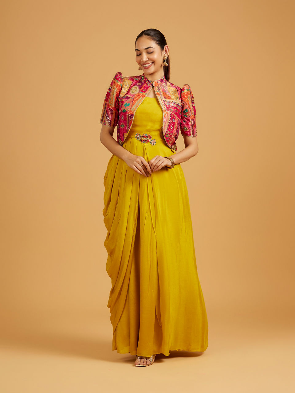 Mohey Women Mustard Yellow Indo Western with Aztec Printed Cape