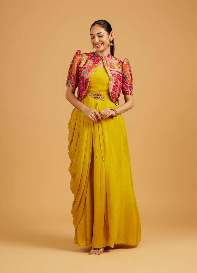 Mohey Women Mustard Yellow Indo Western with Aztec Printed Cape