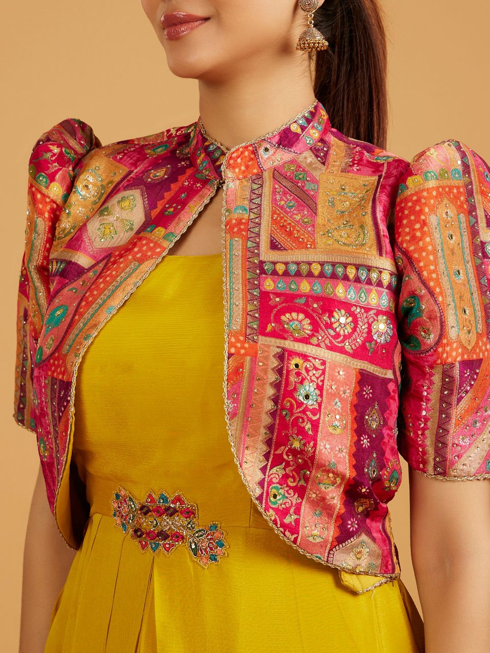 Mohey Women Mustard Yellow Indo Western with Aztec Printed Cape