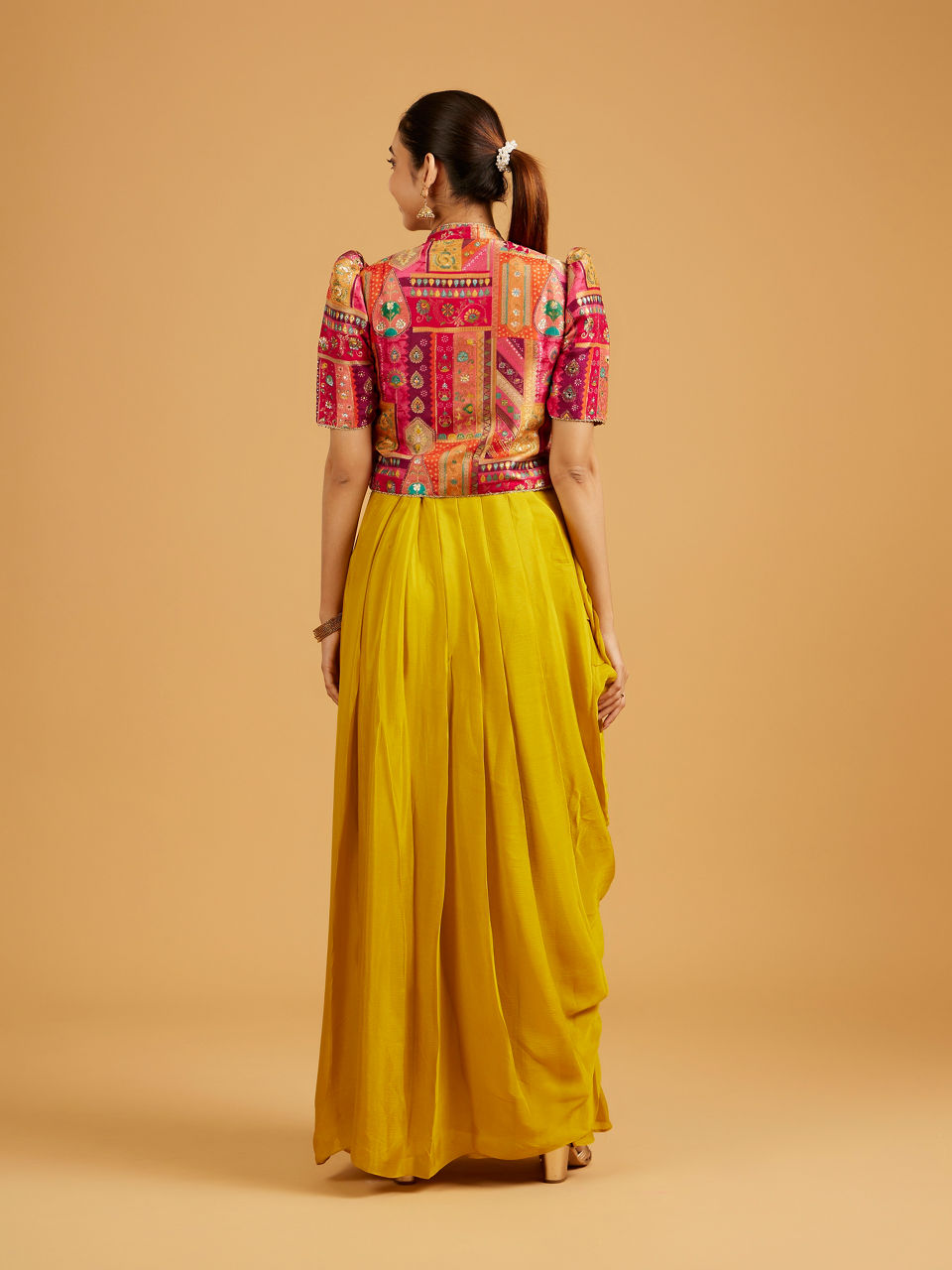 Mohey Women Mustard Yellow Indo Western with Aztec Printed Cape