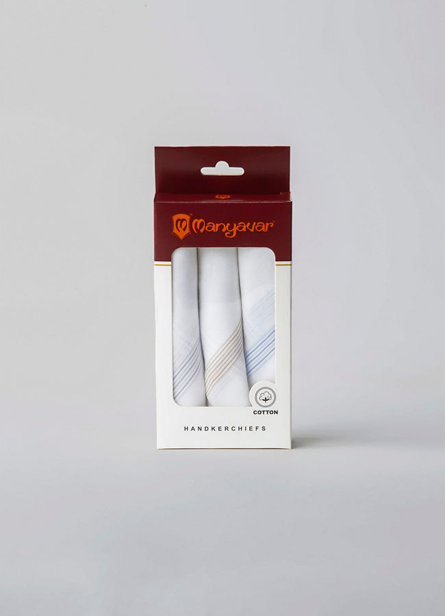 Manyavar Men White Cotton Pack of 3 Handkerchief