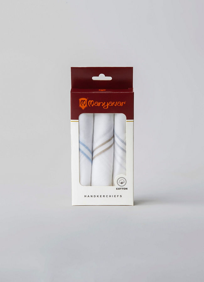 Manyavar Men Classic White Cotton Pack of 3 Handkerchief