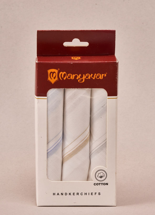 Manyavar Men White Cotton Handkerchief with Stripes