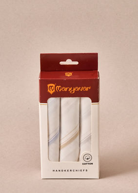 Manyavar Men White Cotton Handkerchief with Stripes