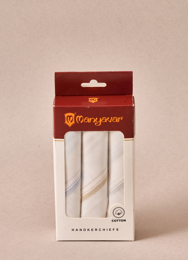 Manyavar Men White Cotton Handkerchief with Stripes