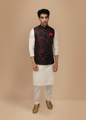 alt message - Manyavar Men Royal Blue Self Print Jacket image number 1