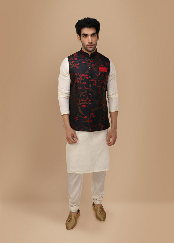 Manyavar Men Royal Blue Self Print Jacket