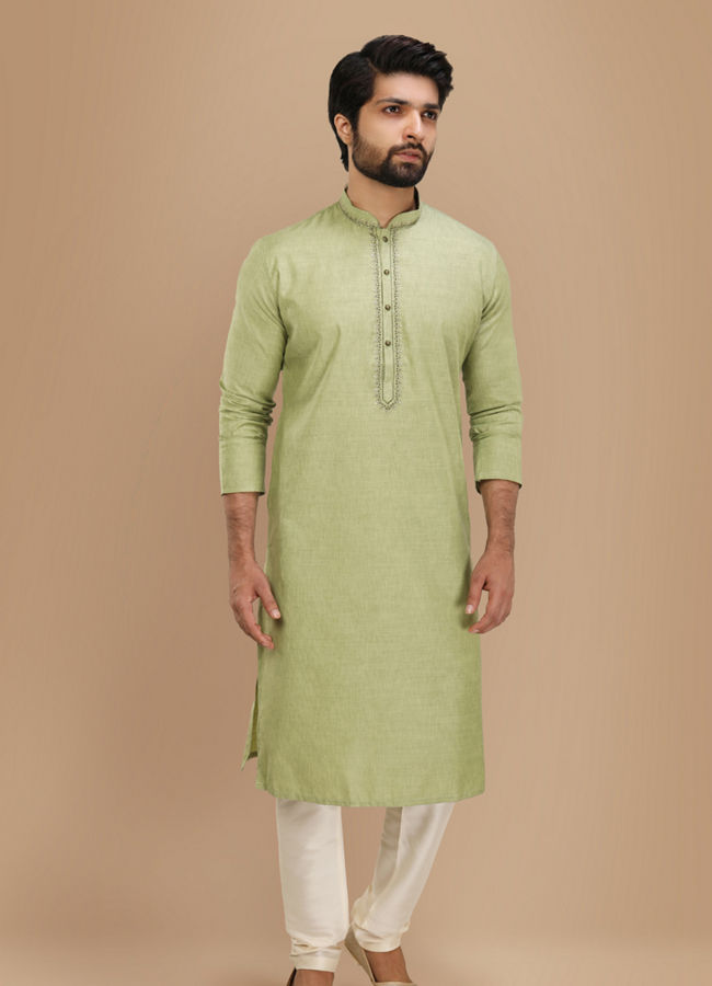 Manyavar Men Casual Lime Green Kurta Set