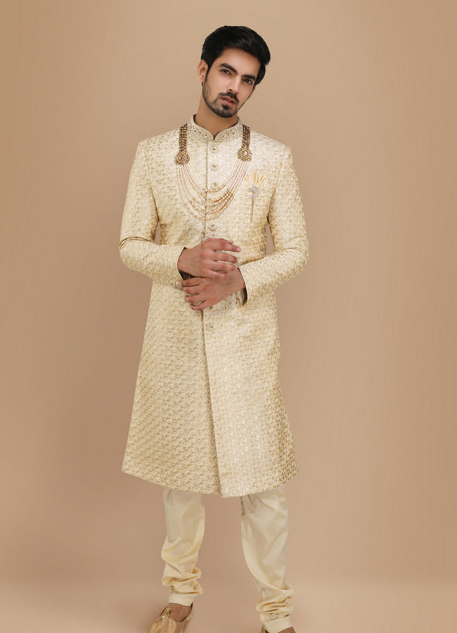 Manyavar Men Biscuit Color Indian Sherwani