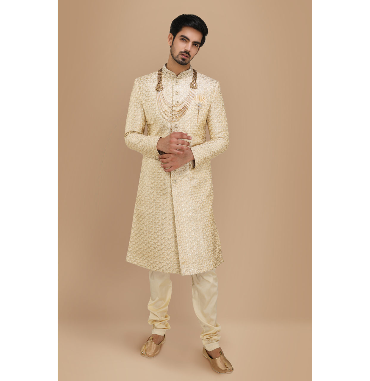 Manyavar Men Biscuit Color Indian Sherwani