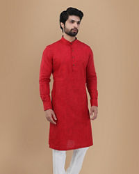 Manyavar Men Crimson Red Self Design Kurta