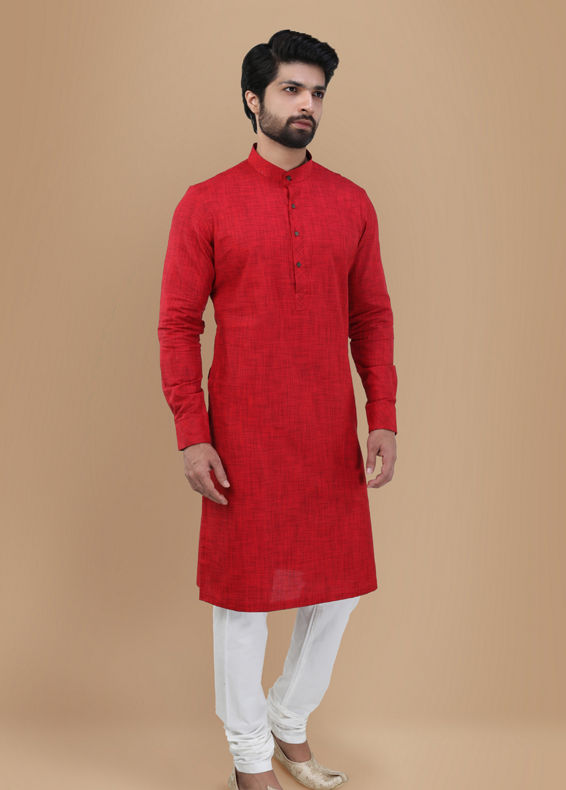 Manyavar Men Crimson Red Self Design Kurta