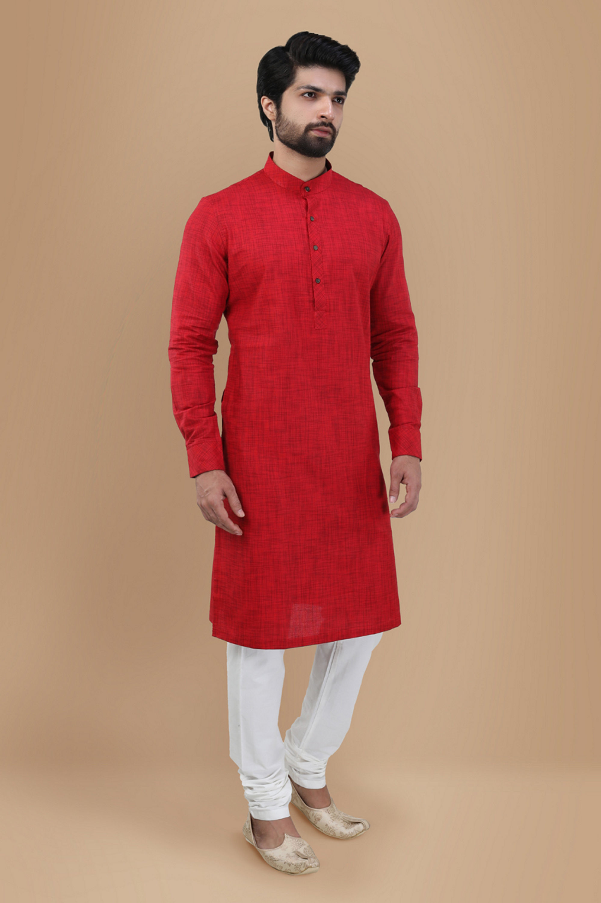 Manyavar Men Crimson Red Self Design Kurta