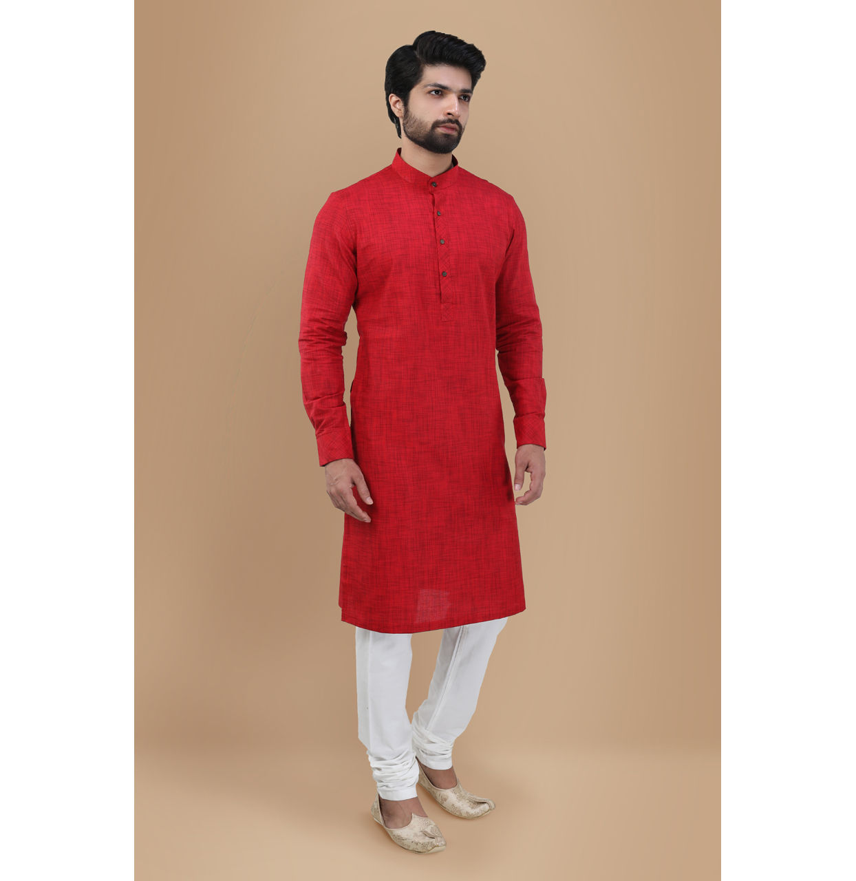 Manyavar Men Crimson Red Self Design Kurta