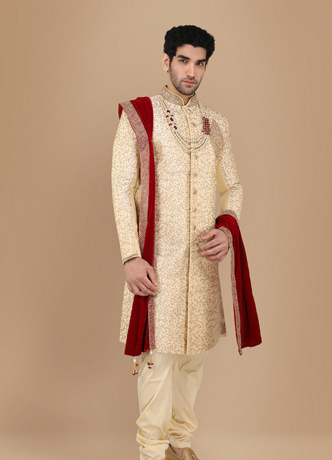 alt message - Manyavar Men Glam Biscuit Shade Sherwani Suit image number 2