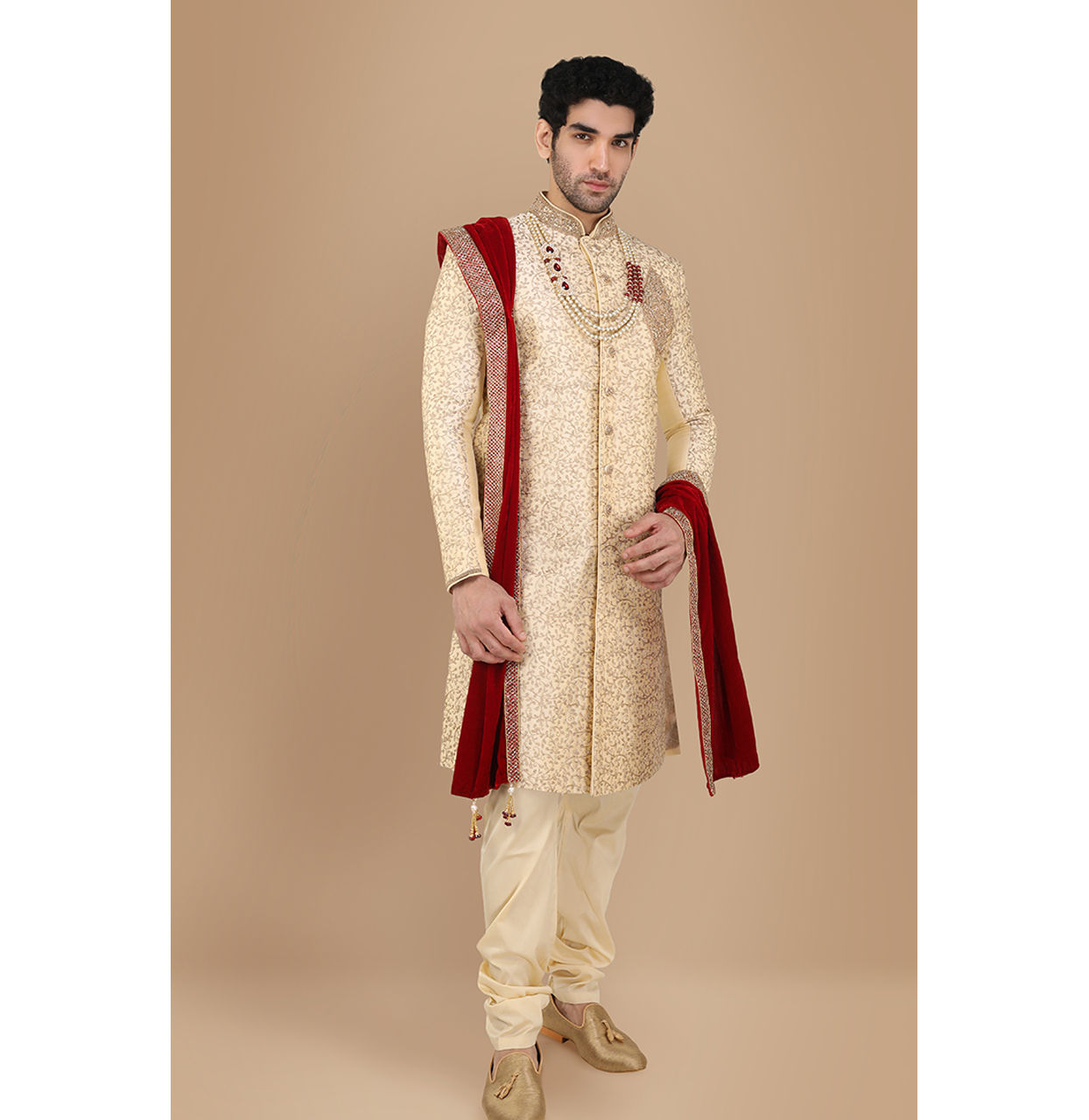 alt message - Manyavar Men Glam Biscuit Shade Sherwani Suit image number 2