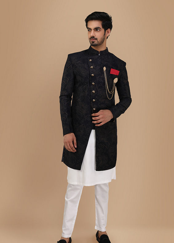 Manyavar Men Dark Blue Layered Angrakha Indo Western