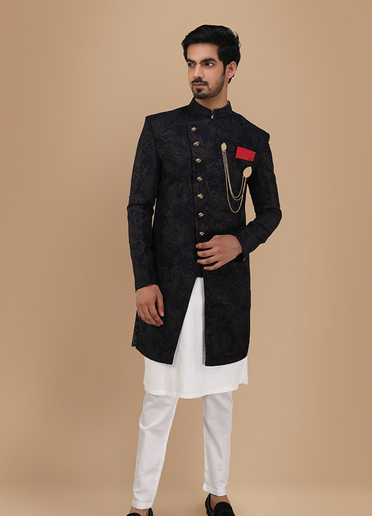 Manyavar Men Dark Blue Layered Angrakha Indo Western