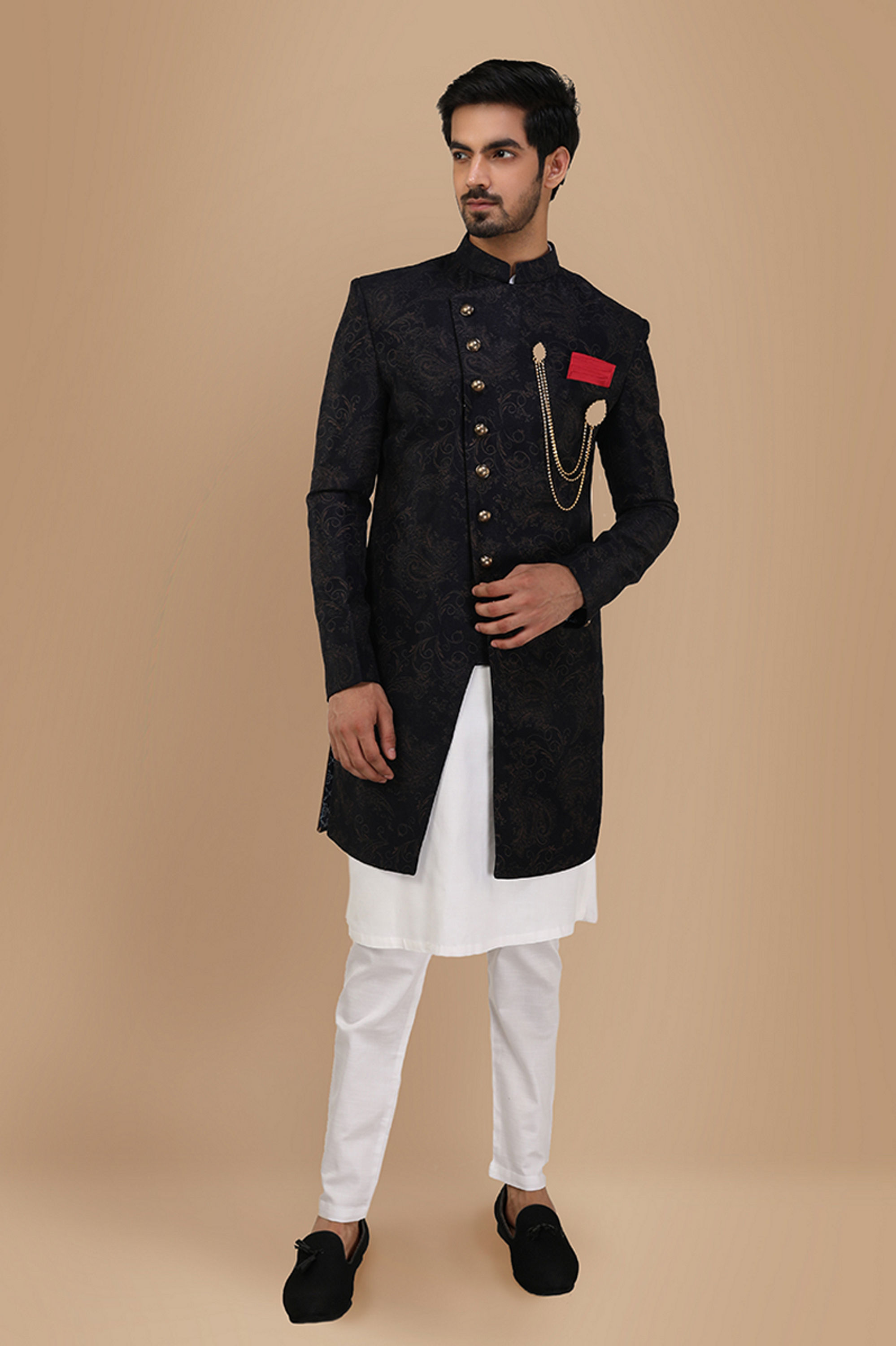 Manyavar Men Dark Blue Layered Angrakha Indo Western