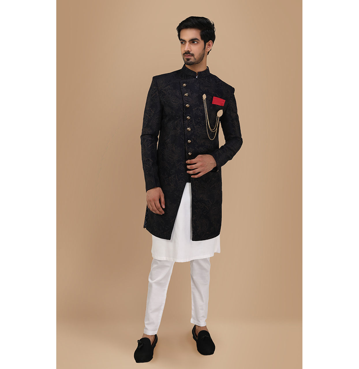 Manyavar Men Dark Blue Layered Angrakha Indo Western