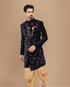 alt message - Manyavar Men Velvet Blue Indo-Western image number 1