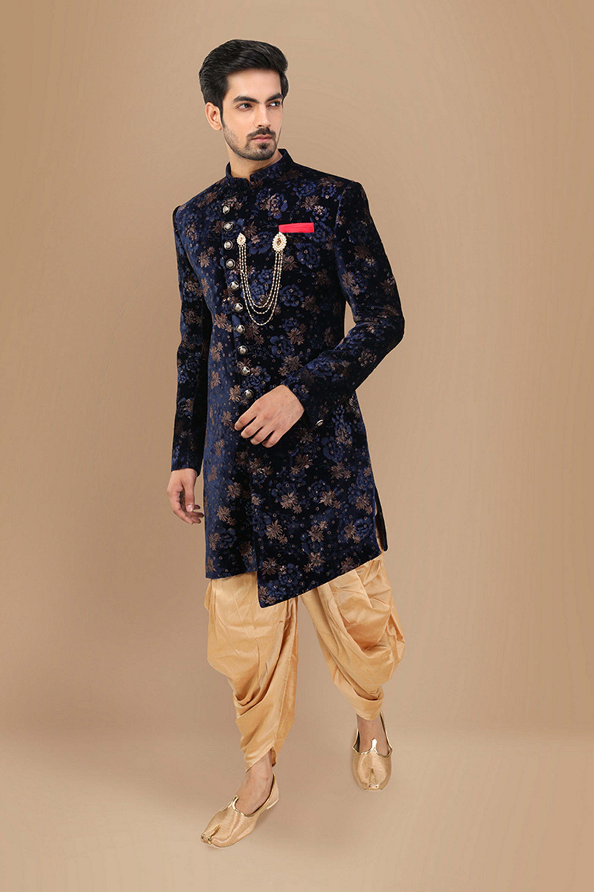 Manyavar Men Velvet Blue Indo Western