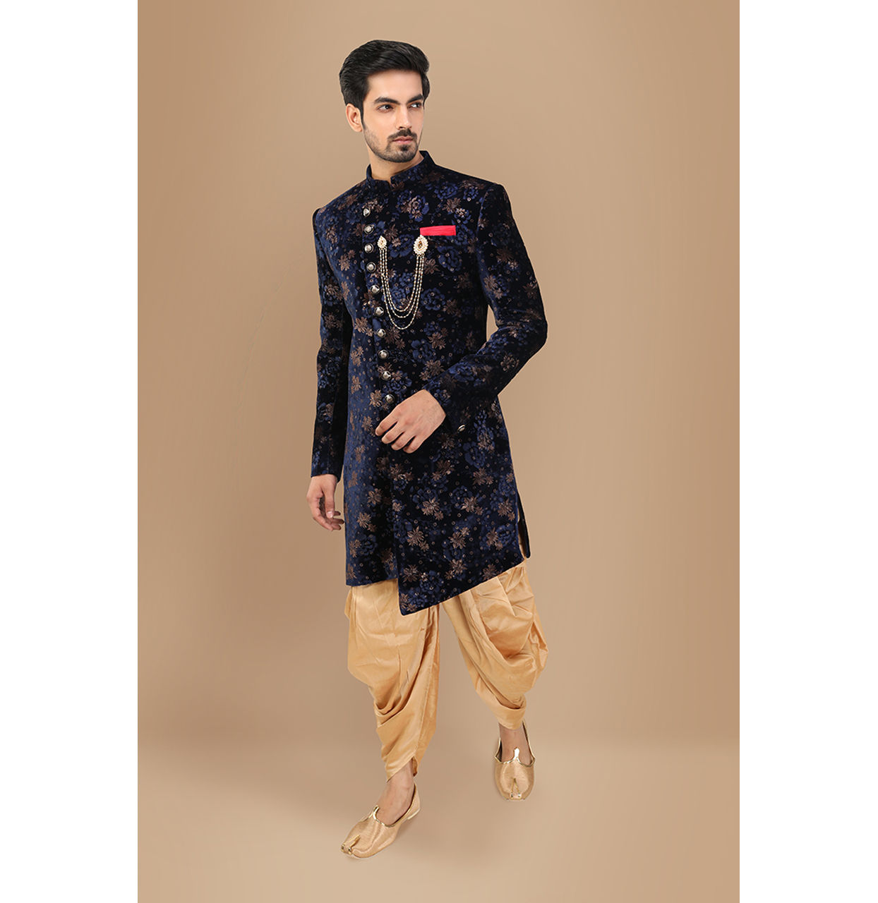 alt message - Manyavar Men Velvet Blue Indo-Western image number 1