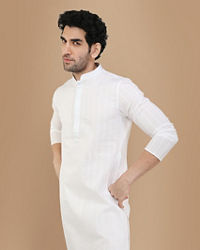 Manyavar Men Pearl White Self Striiped Kurta Set