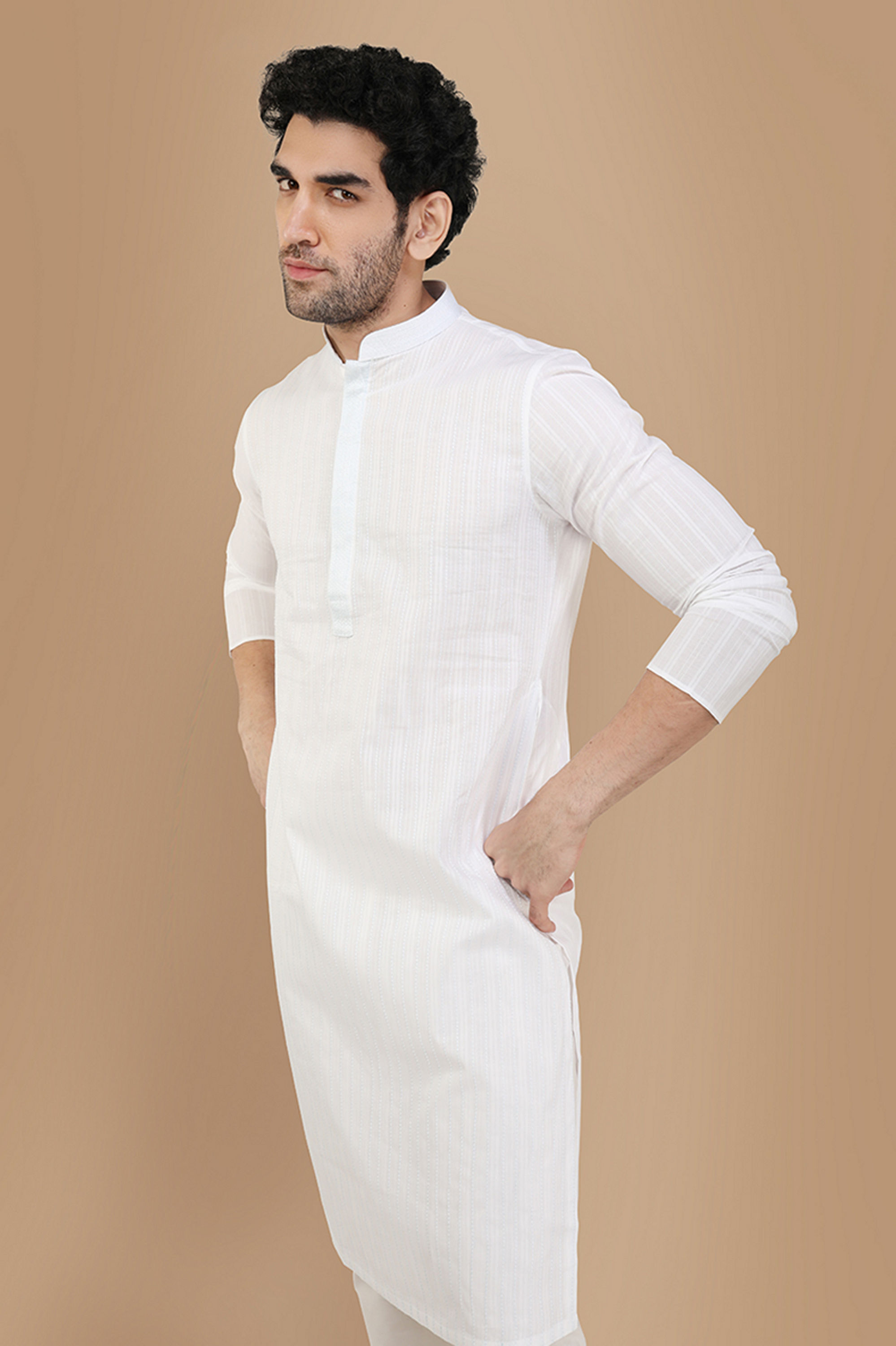 Manyavar Men Pearl White Self Striiped Kurta Set