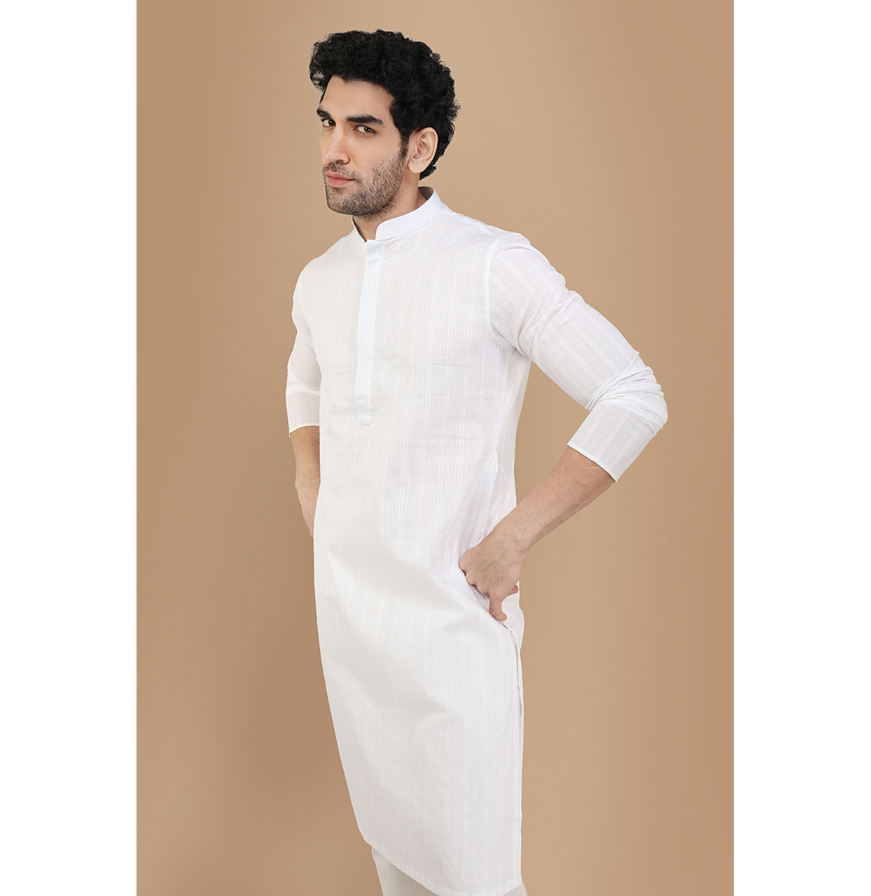 Manyavar Men Pearl White Self Striiped Kurta Set
