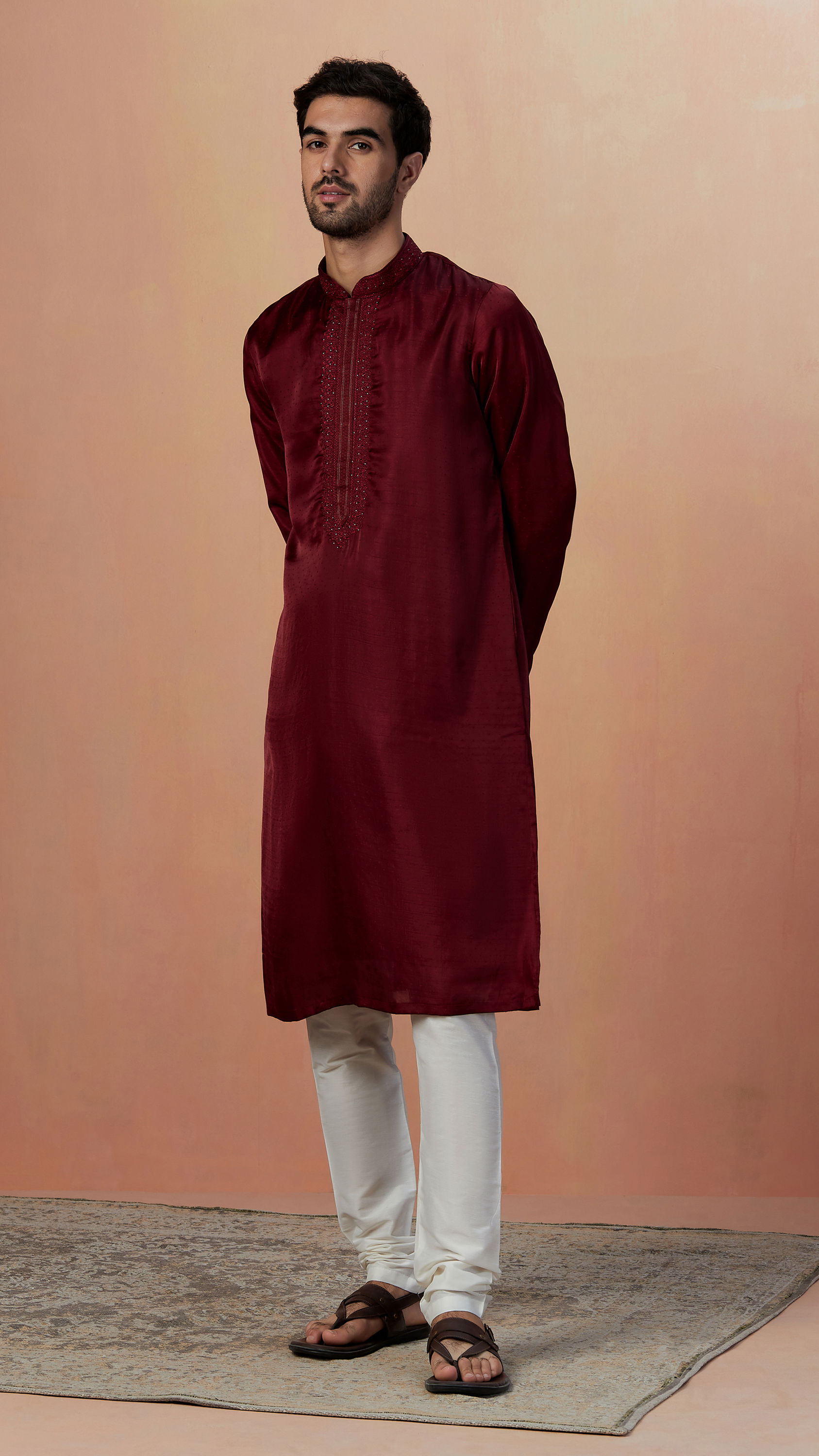 Manyavar Men Maroon Self Booti Kurta Pajama