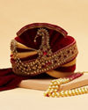 alt message - Manyavar Men Maroon And Gold Brooch Embellished Safa image number 0