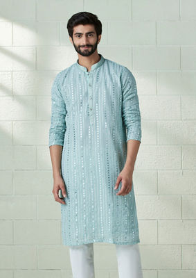 alt message - Twamev Men Powder Blue Foil Work Kurta Set image number 1