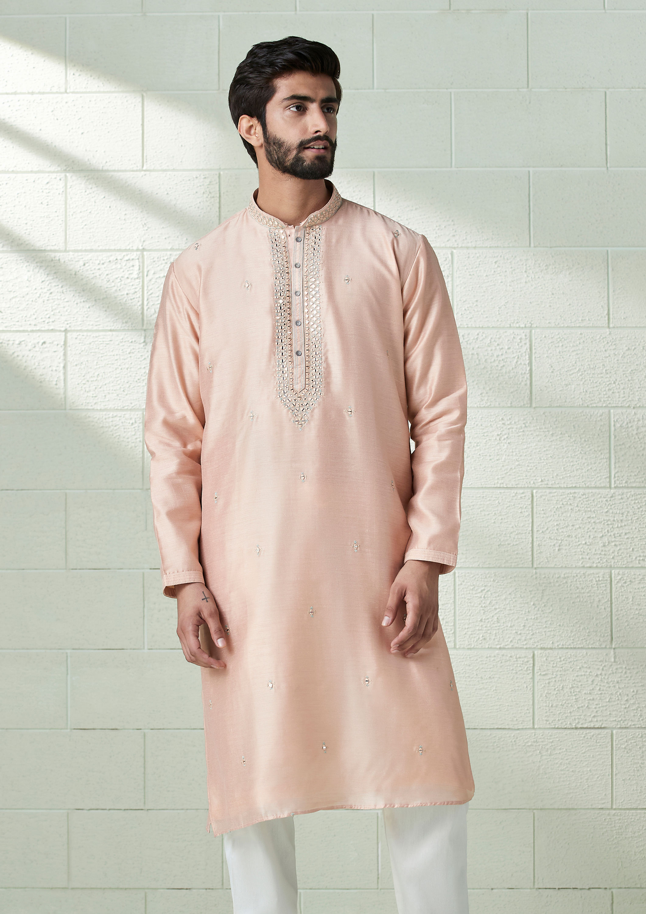 Twamev Men Peony Pink Mirror Work Kurta Set