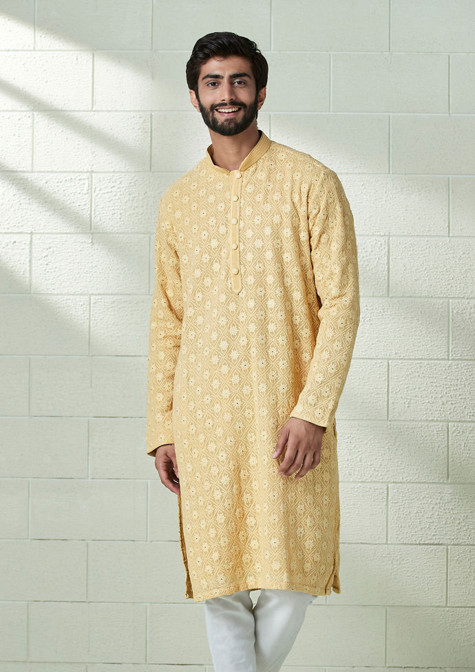 Twamev Men Fawn Yellow Chikankari Embroidered Kurta Set