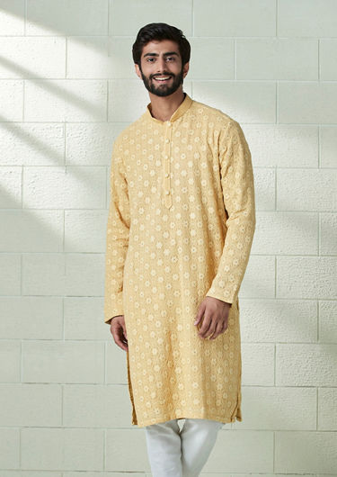 alt message - Twamev Men Fawn Yellow Chikankari Embroidered Kurta Set image number 1