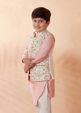 Boys Cream Jacket With Peach Kurta Set image number 0