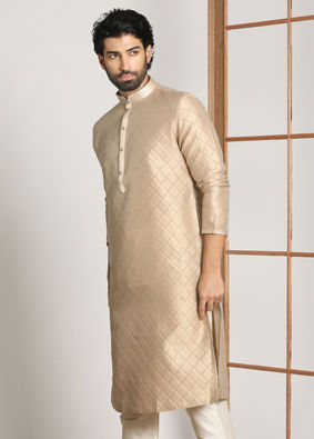 alt message - Manyavar Men Light Taupe Self Embossed Kurta Set image number 1