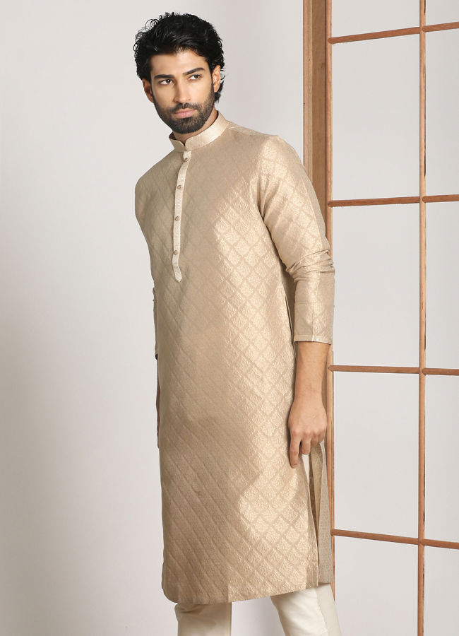 alt message - Manyavar Men Light Taupe Self Embossed Kurta Set image number 1