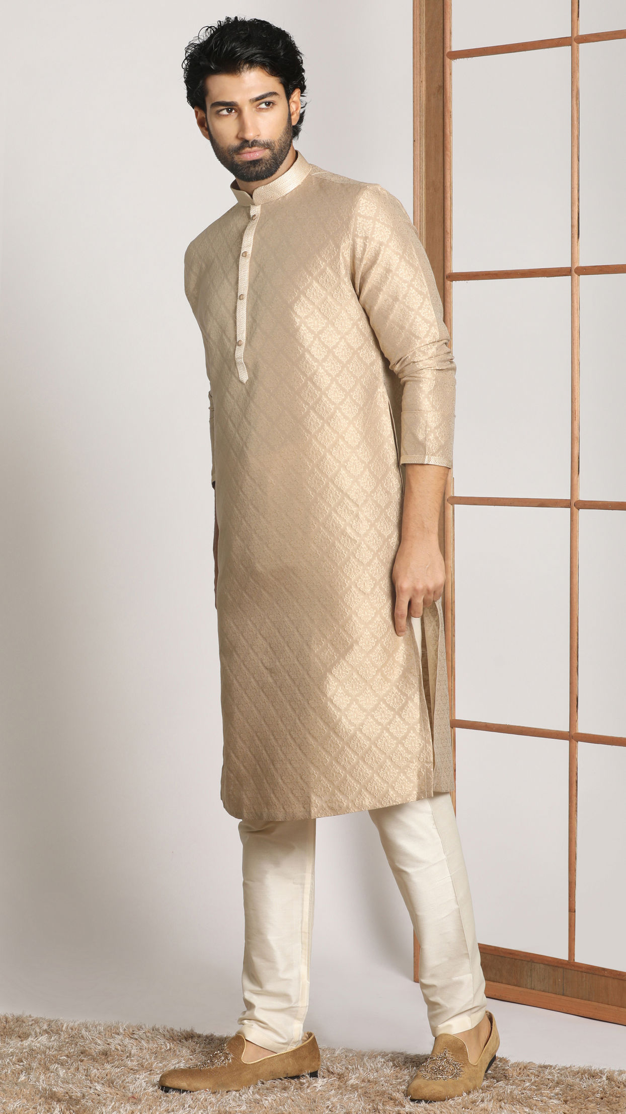 alt message - Manyavar Men Light Taupe Self Embossed Kurta Set image number 1