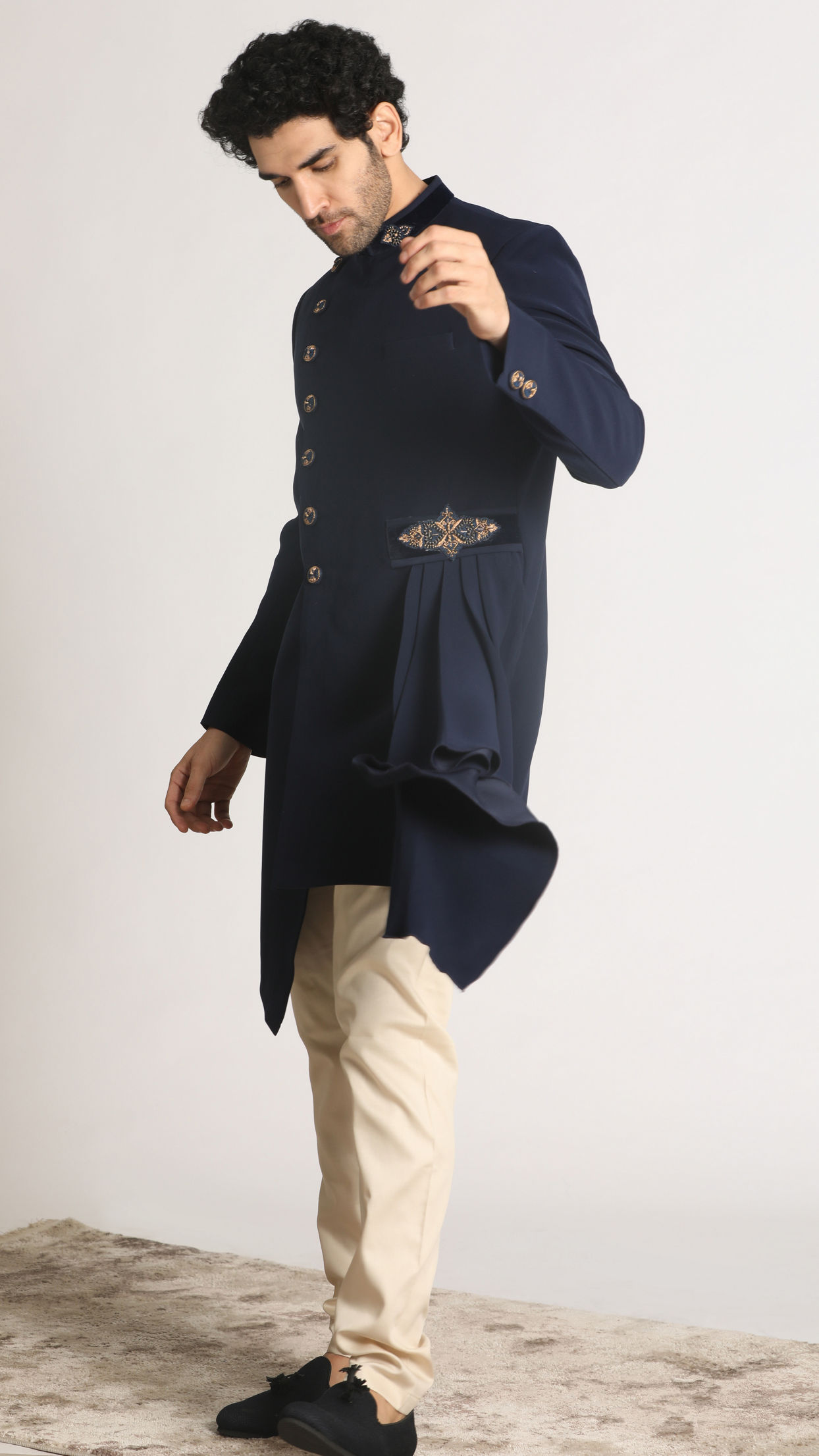 Deep Navy Blue Ethnic Motifs Draped Dress Indo Western Fusion Outfit main image 0