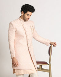 Manyavar Men Powder Pink Self Design Indo Western