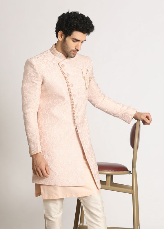 Manyavar Men Powder Pink Self Design Indo Western