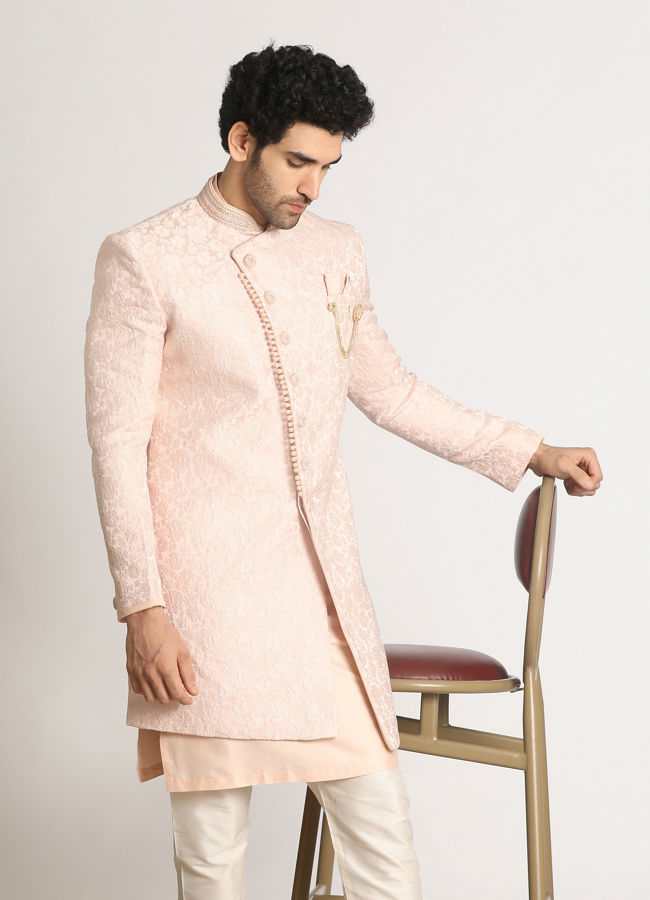 Manyavar Men Powder Pink Self Design Indo Western image number 1