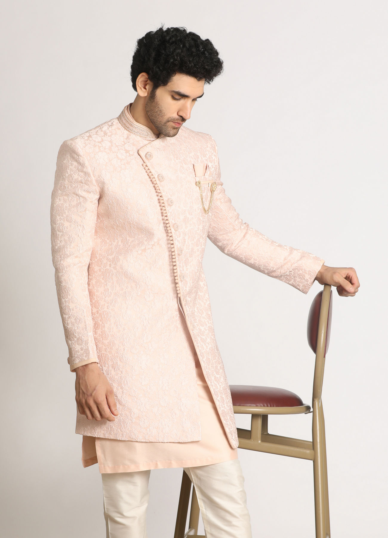 Manyavar Men Powder Pink Self Design Indo Western