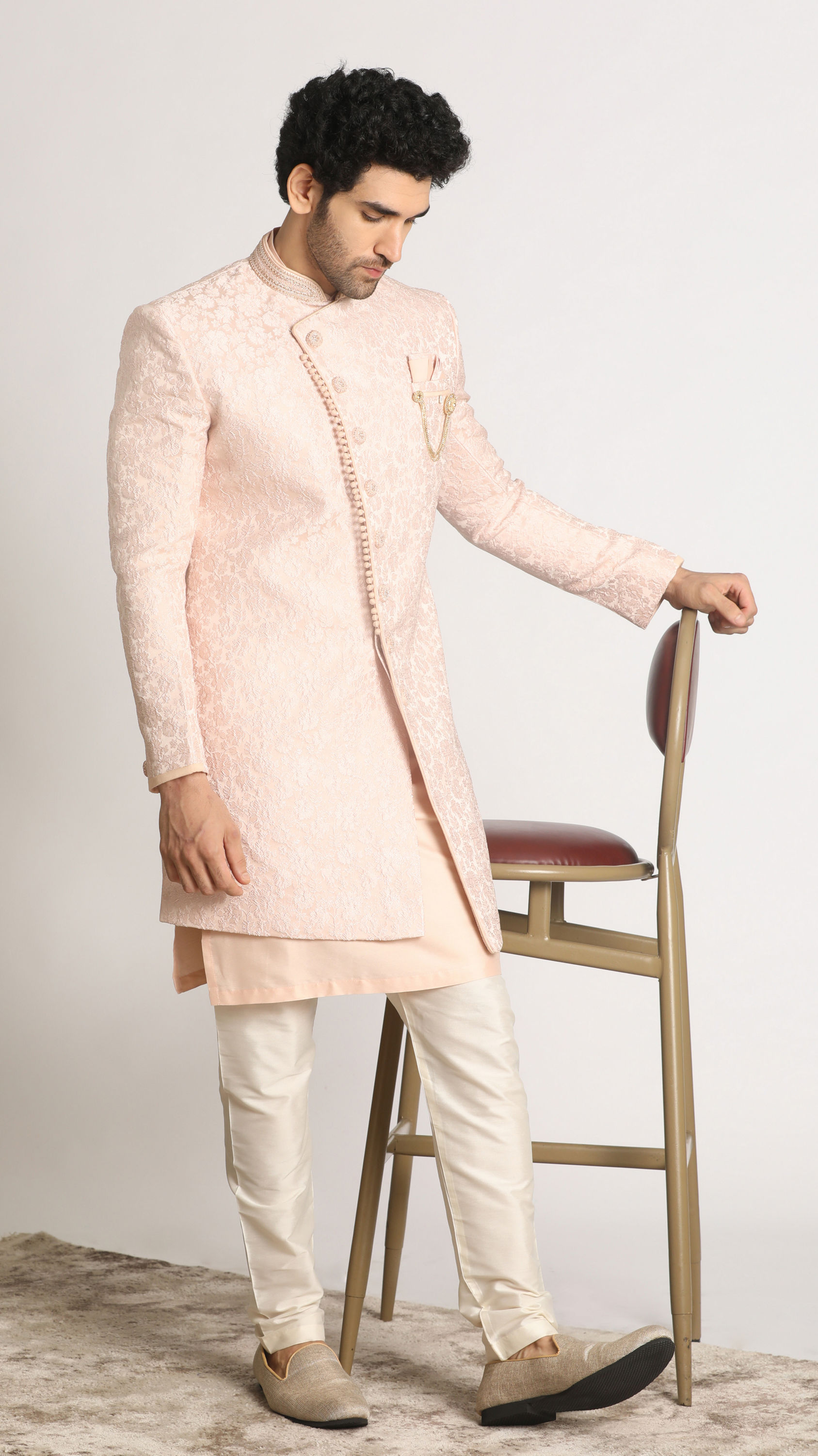 Manyavar Men Powder Pink Self Design Indo Western