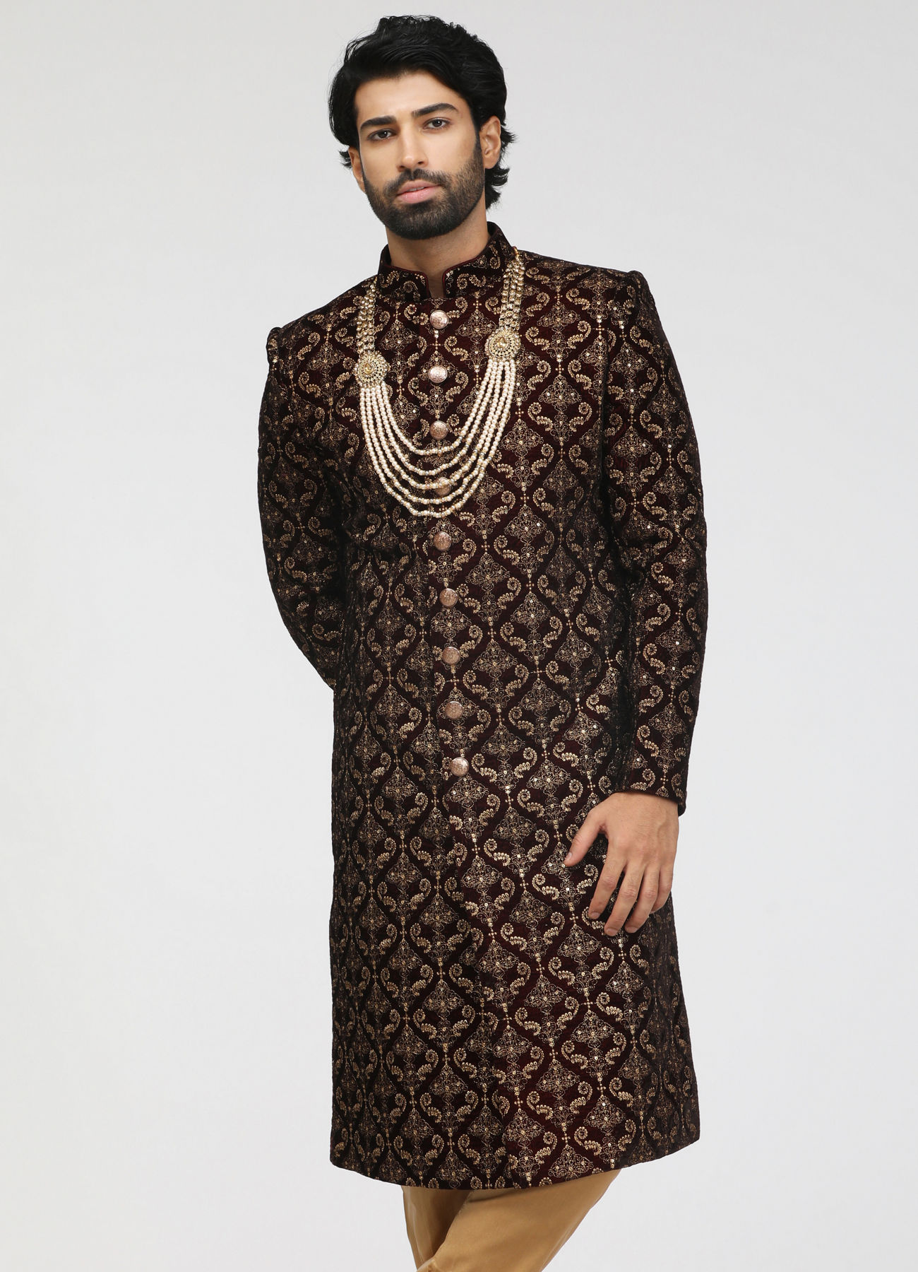 Manyavar Men Maroon Velvet Embroidered Sherwani