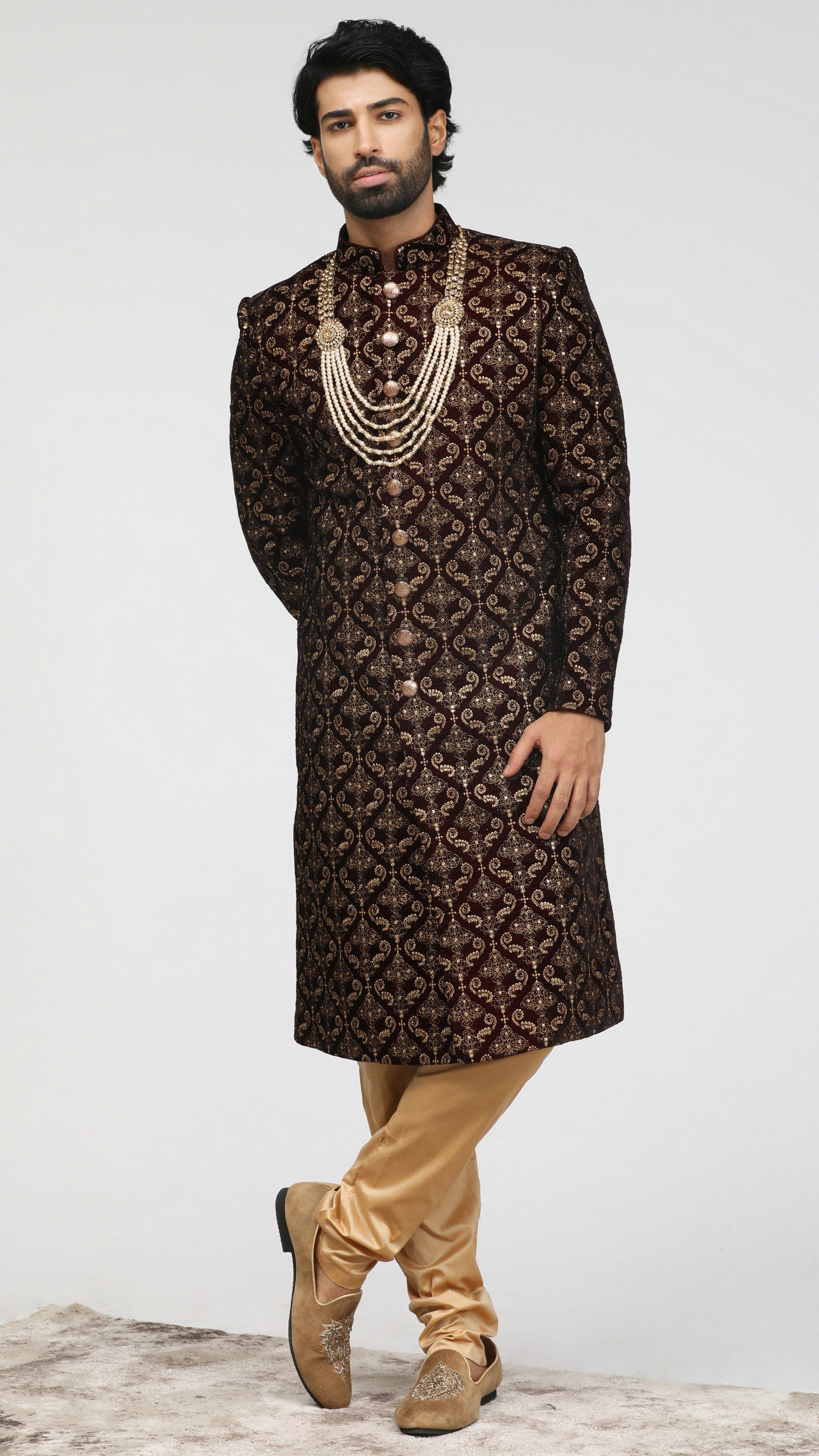 Manyavar Men Maroon Velvet Embroidered Sherwani